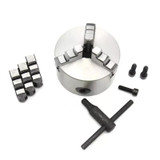 EMG Pro K11 Series 130mm Three-Jaw Self-Centering Chuck | EMG Precision. View of all components included on a white background.