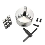 EMG Pro K11 Series 165mm Three-Jaw Self-Centering Chuck | EMG Precision. View of all components included on a white background.