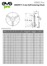 EMG Pro K11-A Series 250mm Three-Jaw Self-Centering Chuck | EMG Precision. Dimensions Table & Drawing