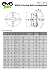 EMG Pro K12 Series 320mm Four-Jaw Self-Centering Chuck | EMG Precision. Dimensions Table & Drawing