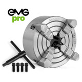 EMG Pro K72 Series 125mm Four-Jaw Independant Chuck | EMG Precision. Isometric View with Accessories on White Background.