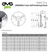 EMG Pro German Standard DIN55026 315mm Three-Jaw Self-Centering Chuck | EMG Precision. Dimensions Table & Drawing.