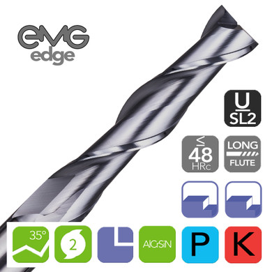 EMG Pro Edge U-SL2-Series General Machining 2 Long Flute AlCrSiN 35° End Mills 1~20mm Diameters with EMG Edge Logo on a white background. Includes all feature Icons.