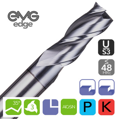 EMG Pro Edge U-S3 Series General Machining 3 Flute AlCrSiN 35° End Mills 2~20mm Diameters with EMG Edge Logo on a white background. Includes all feature Icons.