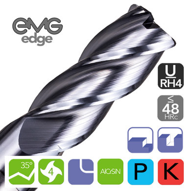 EMG Pro Edge U-RH4 Long Shank Series General Machining 4 Flute AlCrSiN 35° End Mills 2~20mm Diameters with EMG Edge Logo on a white background. Includes all feature Icons.