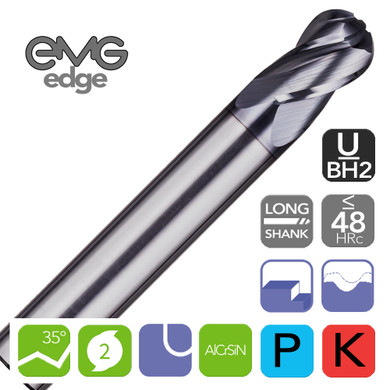 EMG Pro Edge U-BH2 Long Shank Ball Nose Series General Machining 2 Flute AlCrSiN 35° End Mills 2~20mm Diameters with EMG Edge Logo on a white background. Includes all feature Icons.
