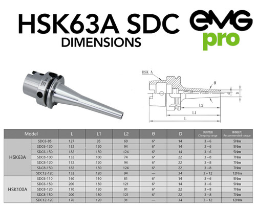 HSK63A SDC Back Pull Collet Chuck Tool Holder Dimensions & Drawing.