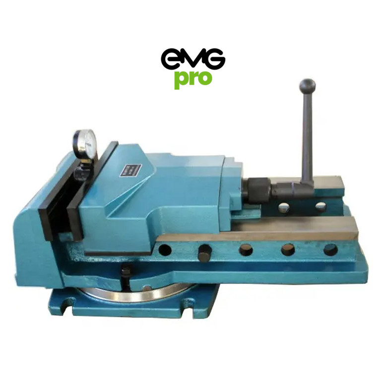 EMG Precision EMGPQ152 Hydraulic Power Milling Vice | Workholding. Side View on White background with EMG Pro Logo.