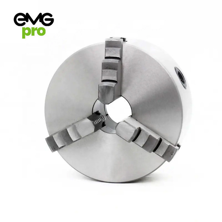 EMG Pro German Standard DIN55026 160mm Three-Jaw Self-Centering Chuck | EMG Precision. Front Isometric View on a White Background.