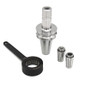 Photo of a single BT SK Tool Holder, two SK Collets and a GSK Collet Chuck Nut Spanner.