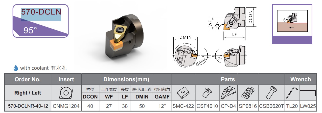 570 Series DCLN 95° Modular Boring Bar Cutting Assembly Dimensional Drawing & Specifications Table