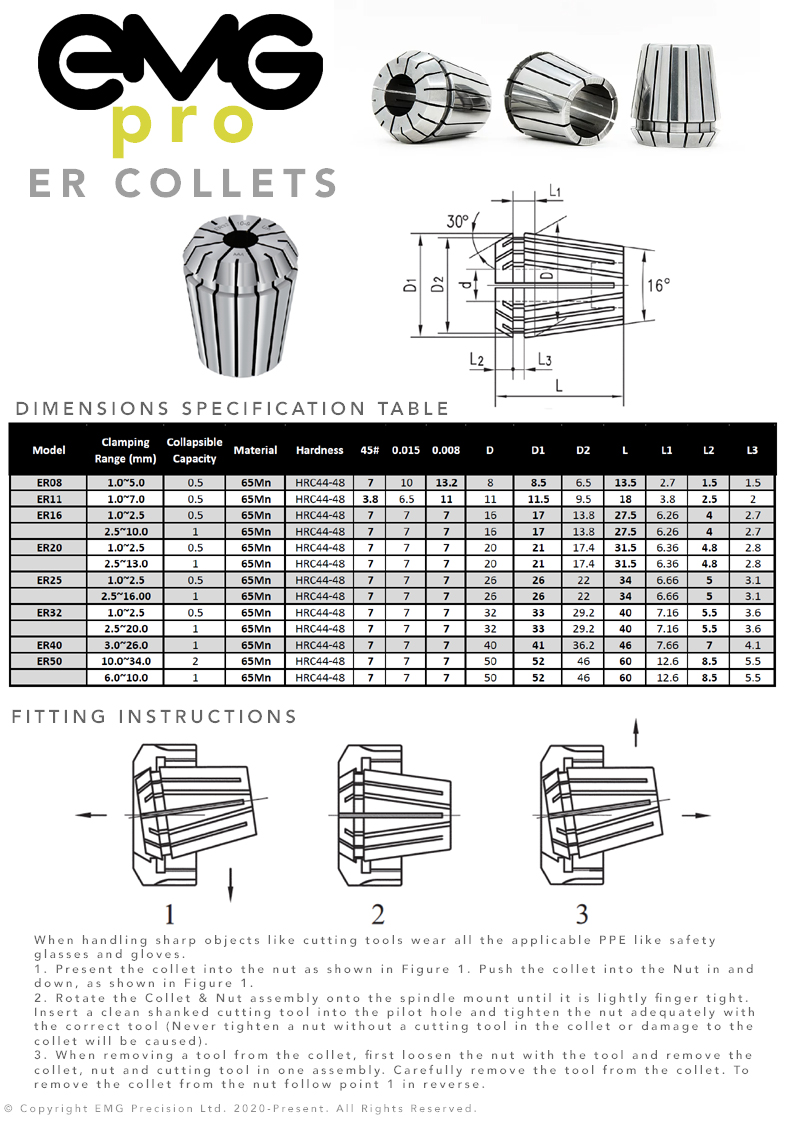 ER Collet Dimensions Table & Fitting Instructions