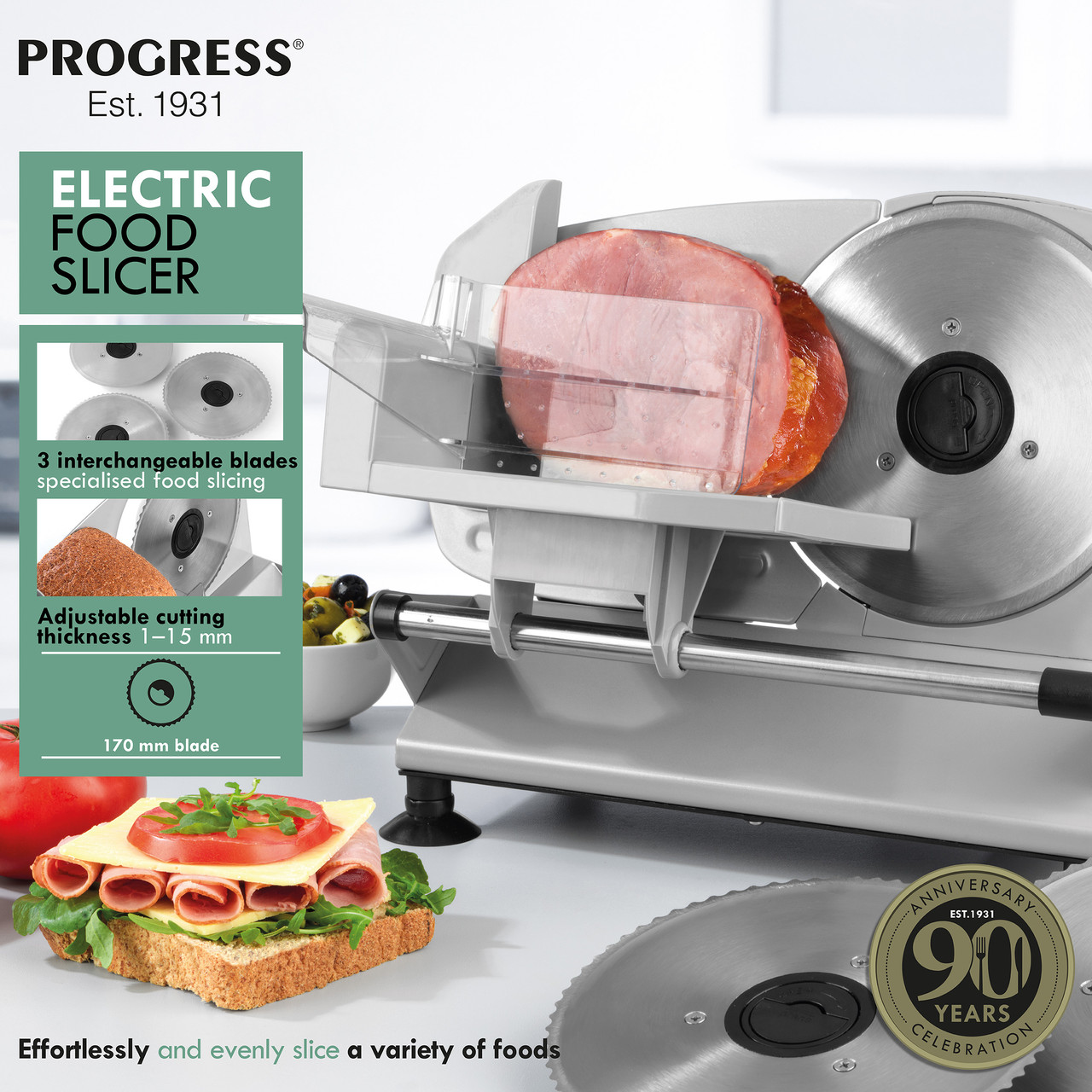 Progress Electric Food Slicer, Meat Slicer, 3 Blades,150 W, Silver