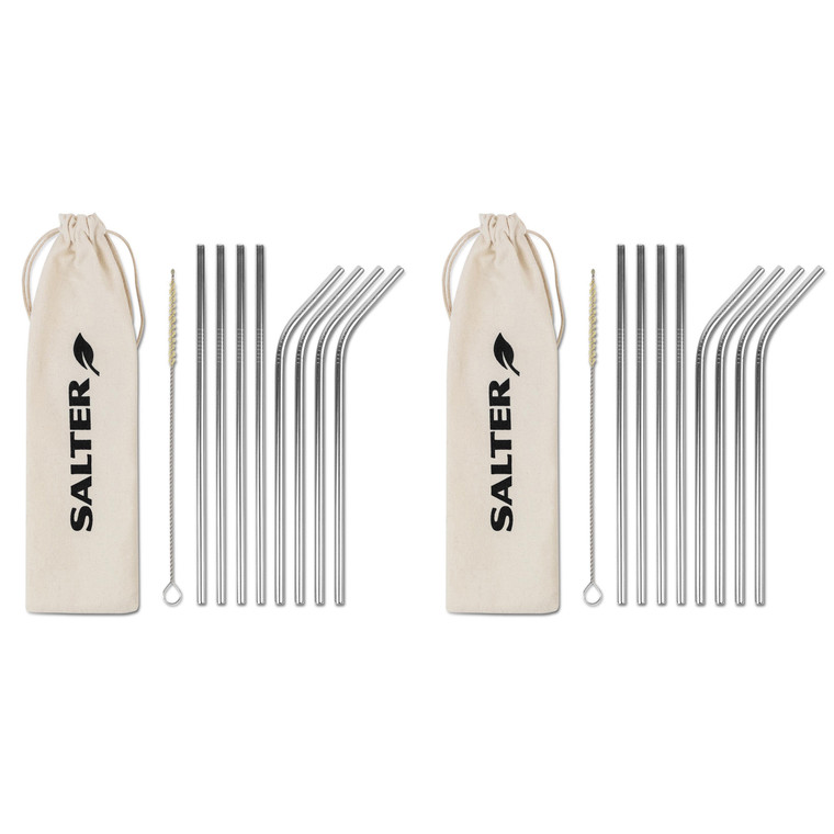 Salter Eco Reusable Stainless Steel Drinking Straws, Set of 16