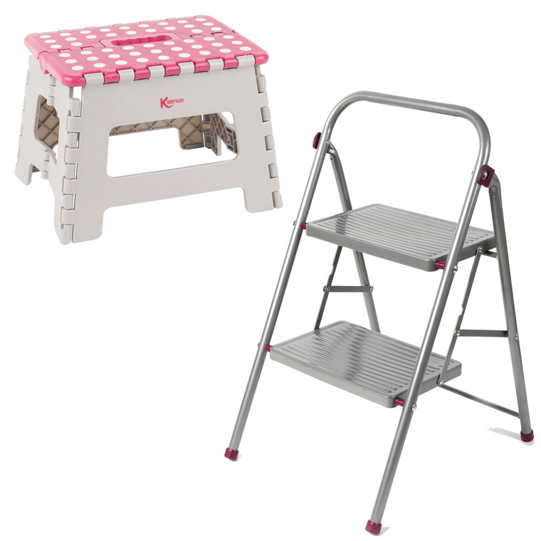 Kleeneze 2-Step Ladder & Stool Set – Grey/Pink