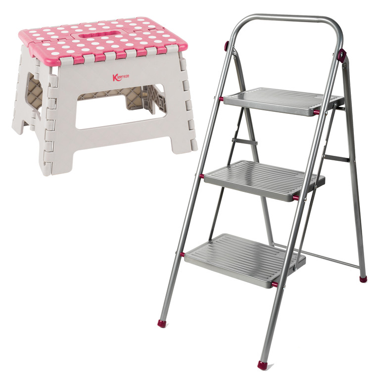 Kleeneze 3-Step Ladder & Stool Set – Grey/Pink