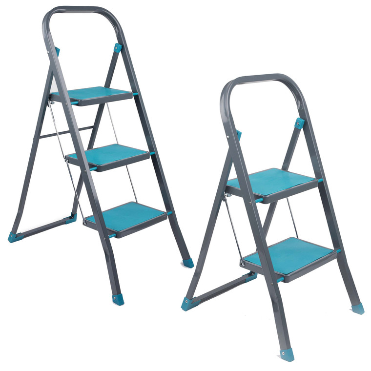 Beldray Stepladder Set, 2-Step & 3-Step DIY Ladders, Silver/Blue