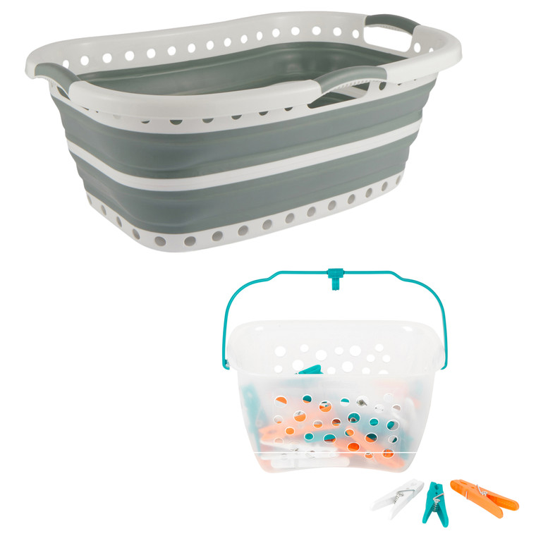 Beldray Laundry Basket and Clothespin Set - Collapsible Laundry Bin With 48 Steady-Grip Clothespins