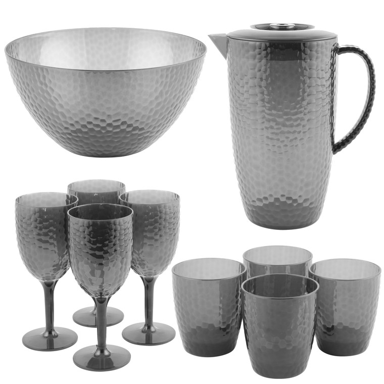 Cambridge Party Serving Set With Jug, Tumblers, Wine Glasses, and Bowl, Grey