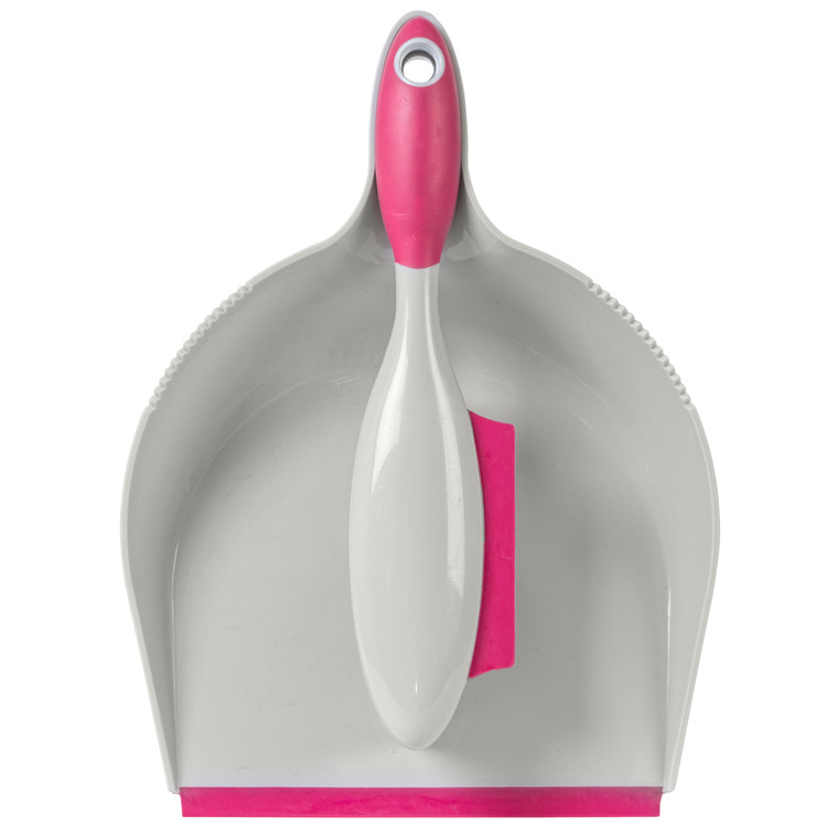 Kleeneze Rubber Head Dustpan And Brush with Squeegee Edge Pink/Grey