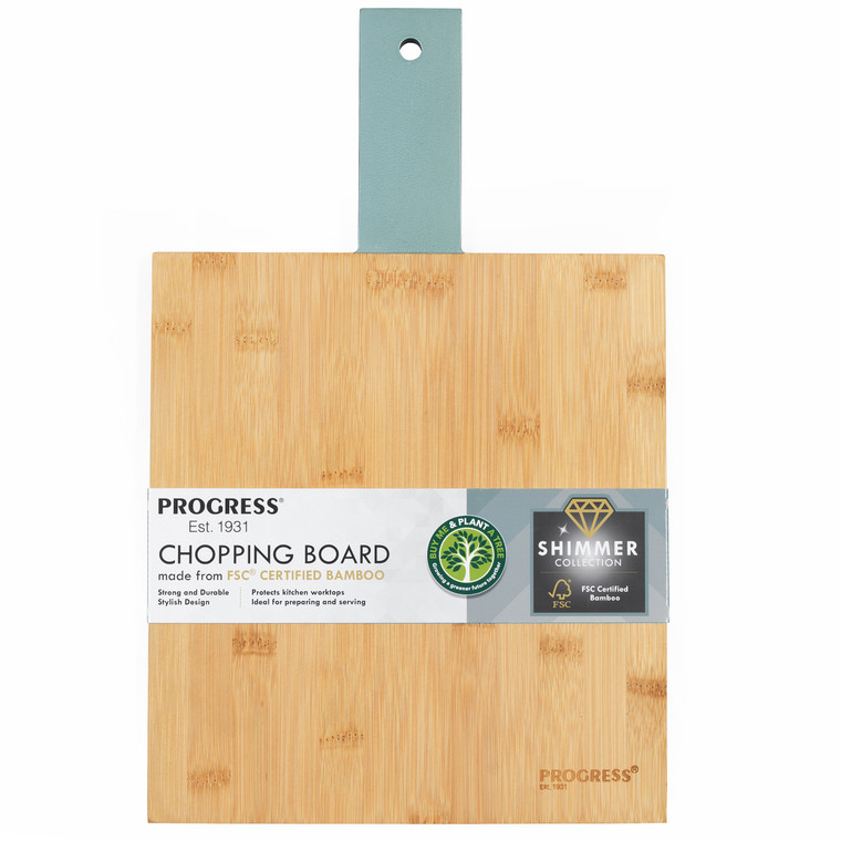 Progress Shimmer 39cm Chopping Board, Strong & Durable FSC® Bamboo, Protects Kitchen Worktops, Green Shimmer Handle, 39.5L x 25W x 1.5H cm