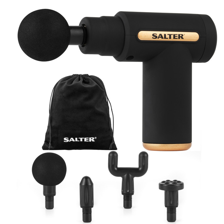 Salter Mini Electric Massage Gun – 4 Massage Heads, Includes Carry Bag and USB, Black