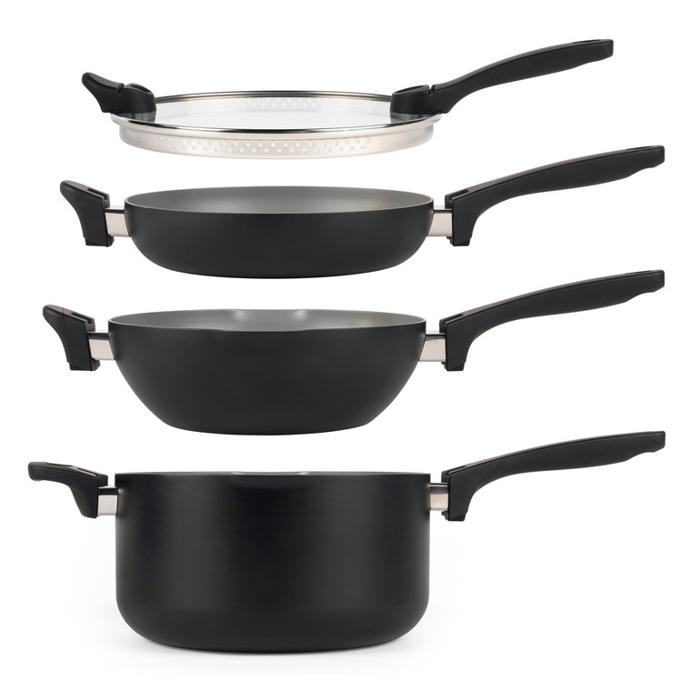 Salter Stackable 4 Piece Pan Set, Space Saving, Pouring Lip, Non-Stick, Little to No Oil, Soft Touch Handle, Easy Clean, Grey
