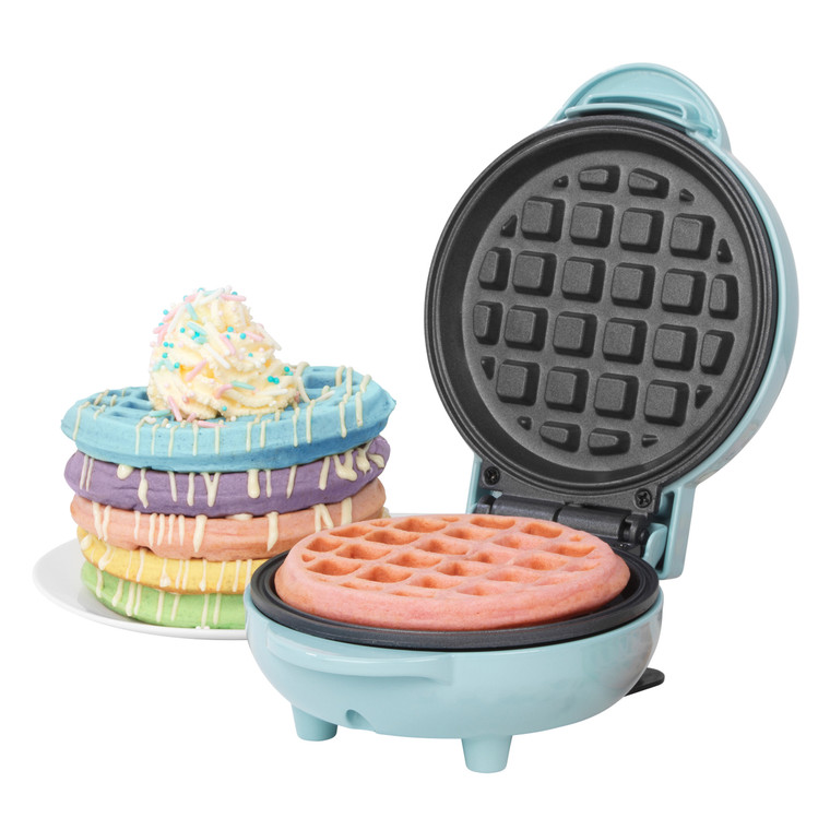 Giles & Posner Sorbet Pastel Mini Waffle Iron/Waffle Maker, 550W, Non-Stick Plates, Belgian & American Waffle Maker, 11.5cm Plate, Blue