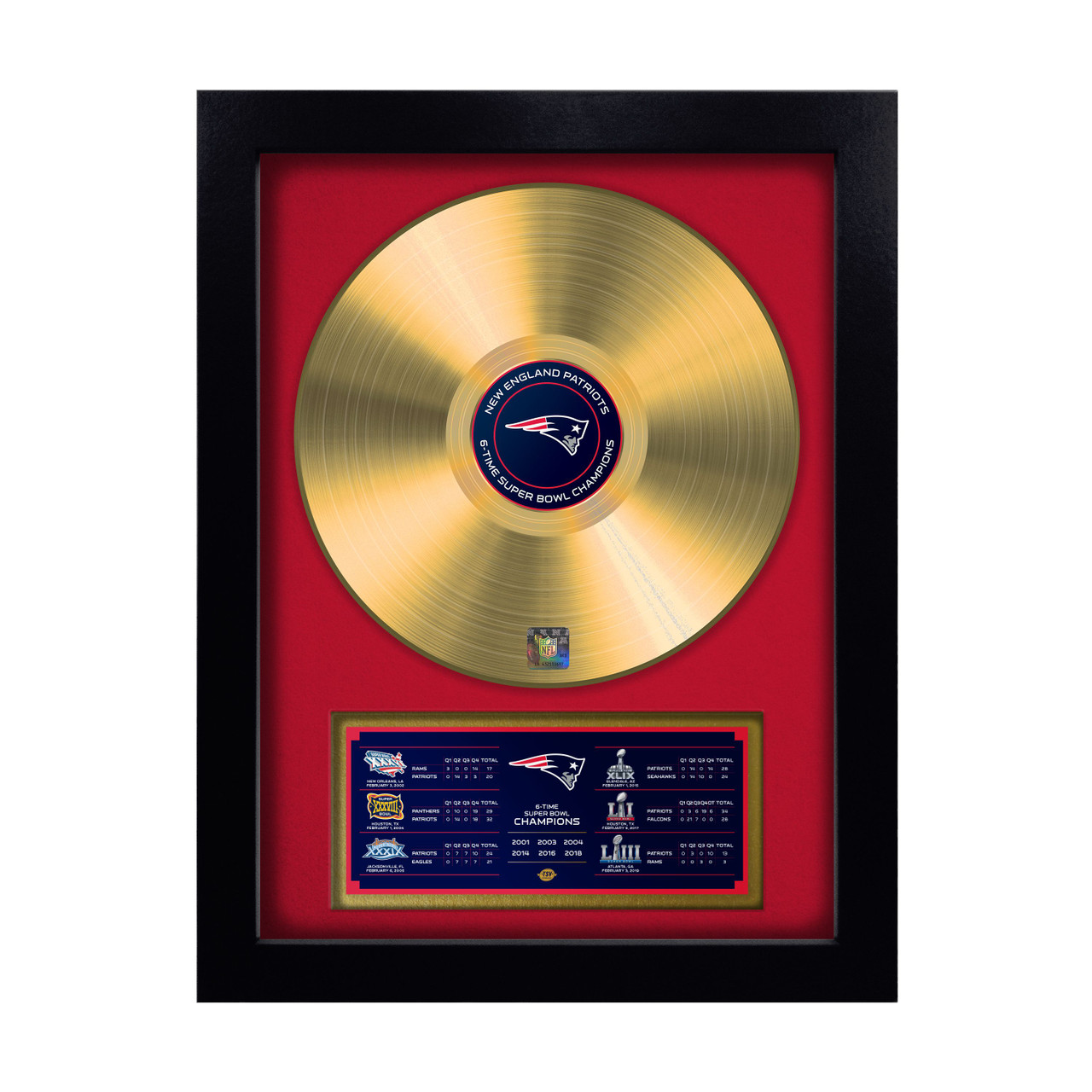 New England Patriots 6 Time Super Bowl Champions Gold Record