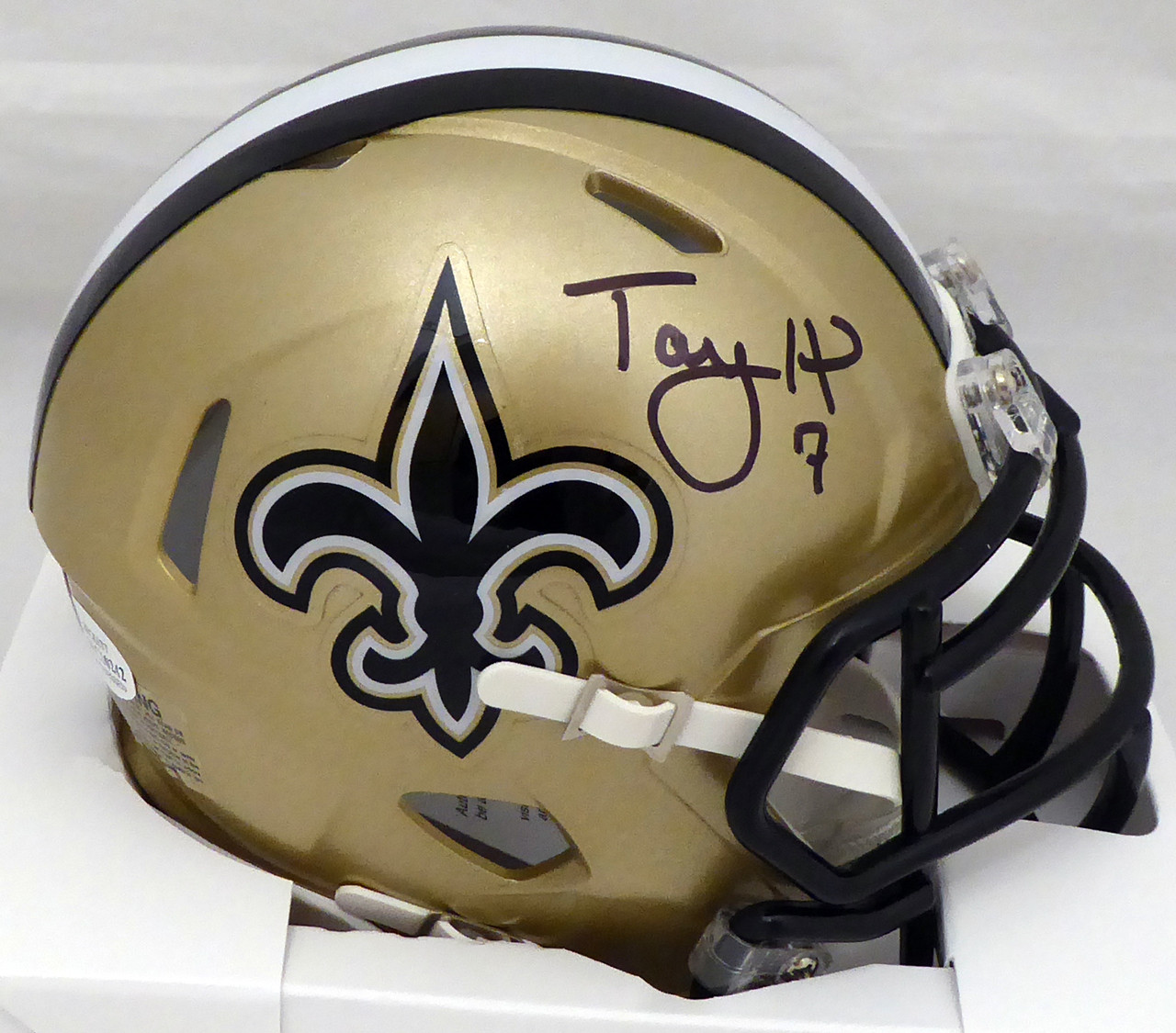 Taysom Hill Autographed Mini Helmet - New Orleans Saints Gold Riddell Speed  Beckett BAS