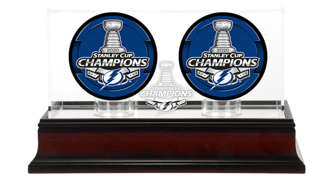Tampa Bay Lightning Stanley Cup Champions Mahogany Two Hockey Puck Logo Display Case