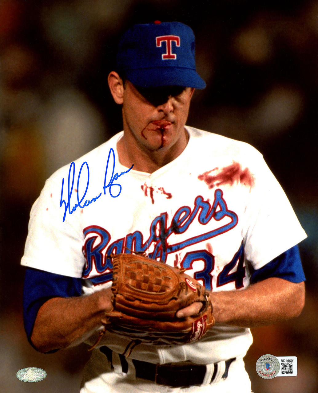 Nolan Ryan Texas Rangers Autographed Bloody Pitch Photo 8X10