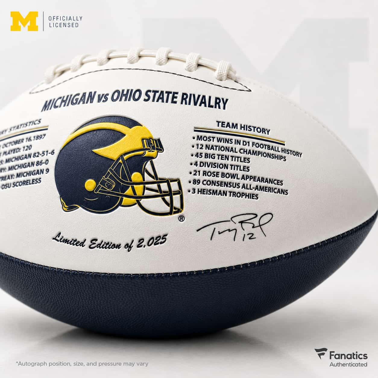 Michigan ball — rivalry panel with winged helmet, team history and Tom Brady autograph