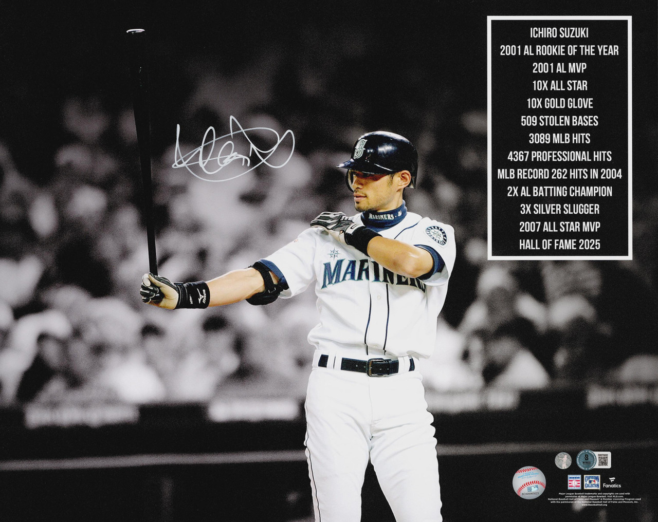 Ichiro Suzuki Signed 16x20 Seattle Mariners Photo with Stats (Hall