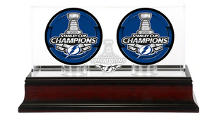 Tampa Bay Lightning 2020 Stanley Cup Champions Mahogany Two Hockey Puck Logo Display Case Tampa Bay Lightning 2020 Stanley Cup Champions Mahogany Two Hockey Puck Logo Display Case
