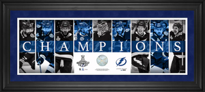 Tampa Bay Lightning 2021 Stanley Cup Champions Framed 10" x 30" Champions Panoramic with a Piece of Game-Used Net from the 2021 Stanley Cup Final - Limited Edition Tampa Bay Lightning 2021 Stanley Cup Champions Framed 10" x 30" Champions Panoramic with a Piece of Game-Used Net from the 2021 Stanley Cup Final - Limited Edition