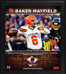 Baker Mayfield Cleveland Browns Framed Rookie Touchdown Pass Record with a Piece of Game-Used Football - Limited Edition Baker Mayfield Cleveland Browns Framed Rookie Touchdown Pass Record with a Piece of Game-Used Football - Limited Edition