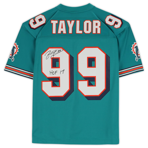 Jason Taylor Miami Dolphins Autographed Mitchell & Ness Teal Replica Jersey with "HOF 17" Inscription Jason Taylor Miami Dolphins Autographed Mitchell & Ness Teal Replica Jersey with "HOF 17" Inscription
