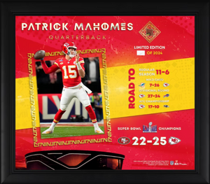 Patrick Mahomes Kansas City Chiefs Super Bowl LVIII Champions Framed Collage with a Piece of Game-Used Football - Limited Edition Patrick Mahomes Kansas City Chiefs Super Bowl LVIII Champions Framed Collage with a Piece of Game-Used Football - Limited Edition