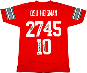 Ohio State Buckeyes Archie Griffin, Eddie George & Troy Smith Autographed Red Jersey Heisman Trophy Winners Ohio State Buckeyes Archie Griffin, Eddie George & Troy Smith Autographed Red Jersey Heisman Trophy Winners