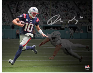 Drake Maye New England Patriots Autographed 16"  x 20" Stiff Arm vs. Dolphins Spotlight Photograph