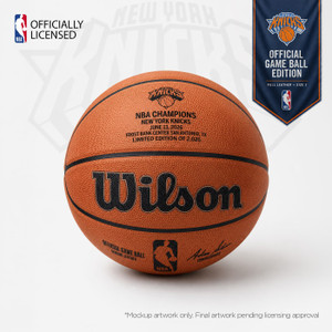 Hero product view of the New York Knicks Official Championship Basketball mockup, showing the full-size licensed Wilson Official Game Basketball with Knicks championship artwork, Wilson branding, NBA logo, Official Game Ball markings, genuine leather detail, and commissioner facsimile signature. Mockup artwork shown; final artwork pending licensing approval.