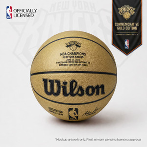 Hero product view of the New York Knicks Gold Edition Championship Basketball, a full-size licensed Wilson commemorative basketball featuring laser-etched Knicks NBA Champions artwork, Wilson branding, NBA logo, Gold Edition details, limited-edition championship markings, and commissioner facsimile signature. Composite leather Size 7 ball. Mockup artwork shown; final artwork pending licensing approval.