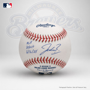 Jacob Misiorowski autographed Rawlings MLB baseball with blue “MLB Debut 6/12/25” inscription, front view.