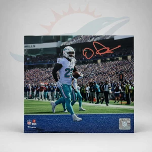 De’Von Achane Miami Dolphins Autographed Authentic 8" x 10" White Jersey Running Photograph