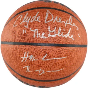 Hakeem Olajuwon Clyde Drexler Signed Houston Rockets Wilson Basketball Autographed NBA Legends Championship Duo