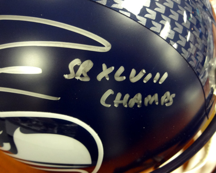 Russell Wilson Autographed Helmet - Seattle Seahawks Riddell Full Size Replica SB XLVIII Champs Silver Sig