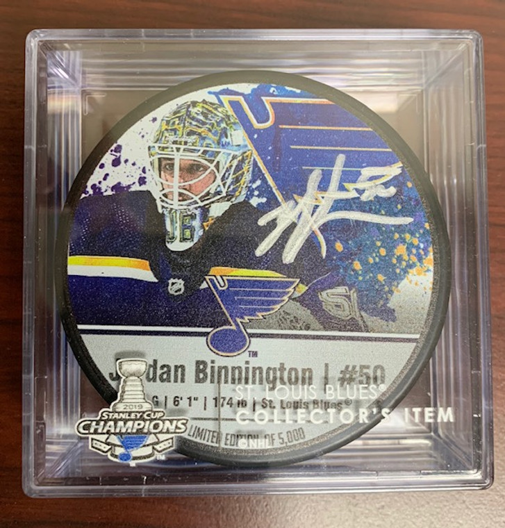 Jordan Binnington Autographed Photo Puck - with display case and COA