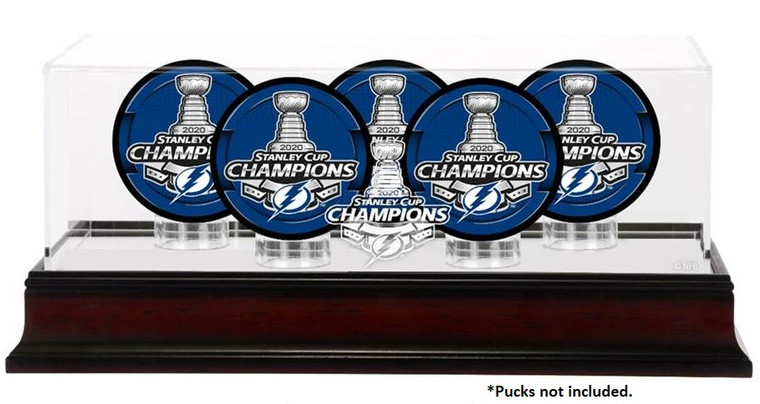 Exclusive Tampa Bay Lightning 2020 Stanley Cup Champions Mahogany 5 Puck Logo Display Case 