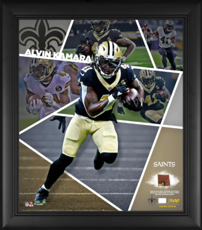 Alvin Kamara New Orleans Saints Framed 15" x 17" Impact Player Collage with a Piece of Game-Used Football - Limited Edition 